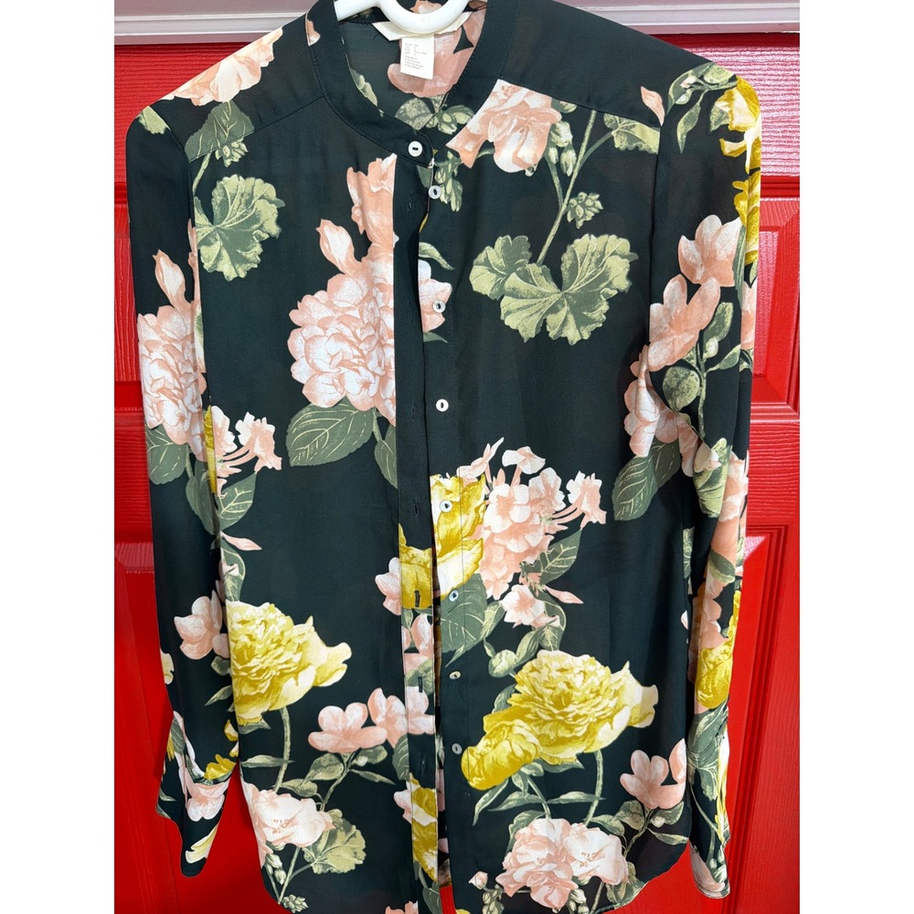 HM Conscious‎ Floral Button Down Blouse Black Yellow Pink Rose Mandarin Collar 2